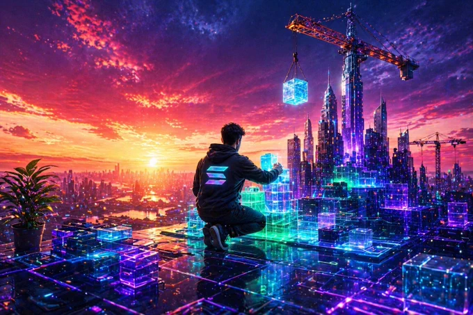 High-resolution futuristic digital illustration of a builder constructing a glowing neon city using holographic blocks at sunset, symbolizing intentional development, disciplined progress, and long-term platform vision for Kinny List, a Solana-powered Web3 marketplace focused on sustainable growth and real-world utility.
