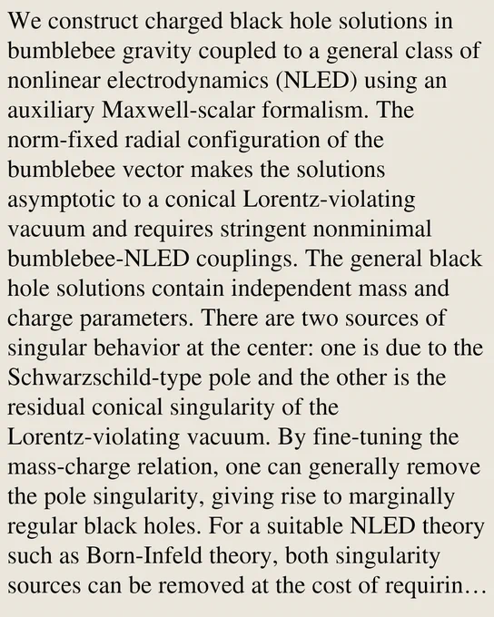 We construct charged black hole solutions in bumblebee gravity coupled to a general class of nonlinear electrodynamics (NLED) using an auxiliary Maxwell-scalar formalism. The norm-fixed radial configuration of the bumblebee vector makes the solutions asymptotic to a conical Lorentz-violating vacuum and requires stringent nonminimal bumblebee-NLED couplings. The general black hole solutions contain independent mass and charge parameters. There are two sources of singular behavior at the center: one is due to the Schwarzschild-type pole and the other is the residual conical singularity of the Lorentz-violating vacuum. By fine-tuning the mass-charge relation, one can generally remove the pole singularity, giving rise to marginally regular black holes. For a suitable NLED theory such as Born-Infeld theory, both singularity sources can be removed at the cost of requiring both the mass and the charge to be fine-tuned to specific functions of the coupling constants. The resulting solutions de
