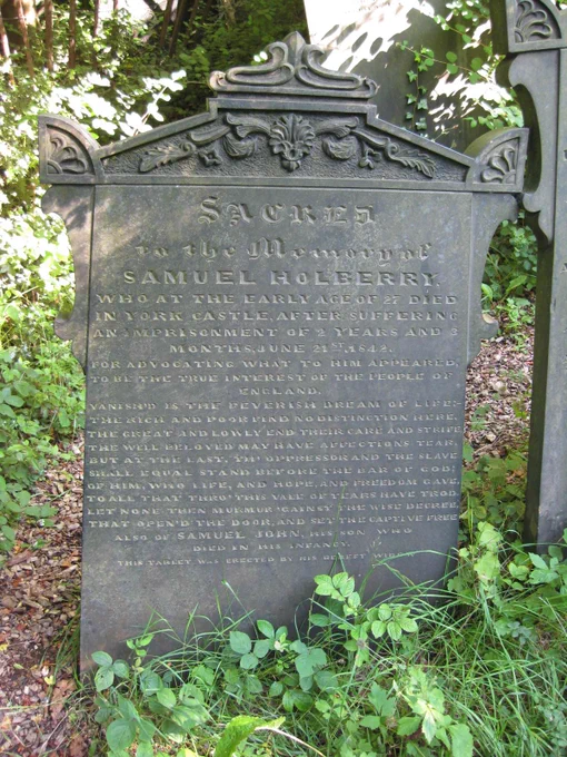 Photograph of the grave of Samuel Holberry in Sheffield General Cemetery, Happytomato CC BY-SA 3.0