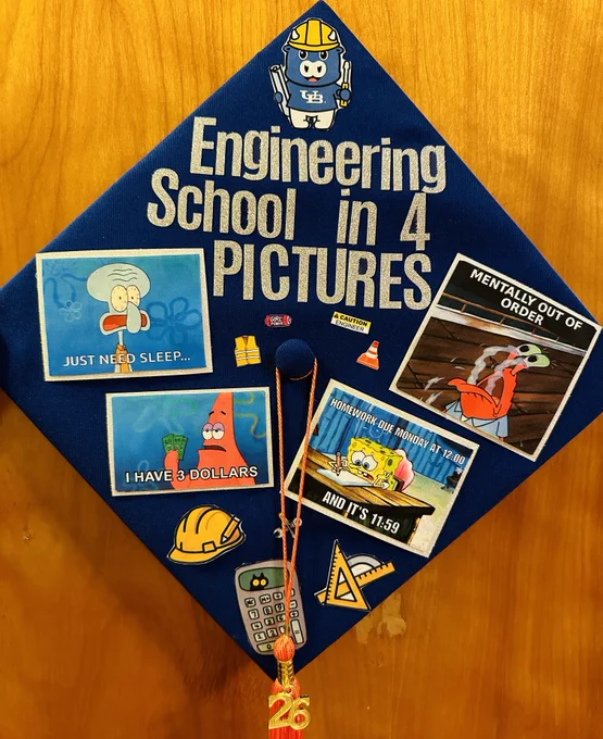 A graduation cap decorated with engineer little victor, the words \"engineering school in 4 pictures\" and the four captioned pictures of Sponge Bob memes \"just need sleep\", \"i have 3 dollars\", \"homework due monday at 12:00, and its 11:59\", and \"mentally out of order\".