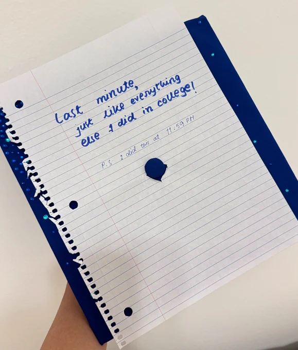 A graduation cap decorated with a page ripped out of a spiral notebook and the words \"last minute, just like everything else i did in college. p.s. I did this at 11:59 p.m.\"