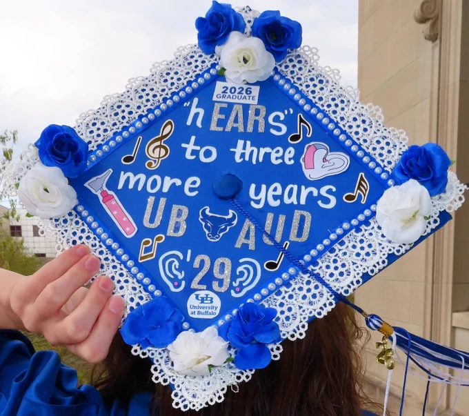 A graduation cap decorated with lace, flowers, ears, hearing-related objects and the words \"hears to three more years, U B aud\".