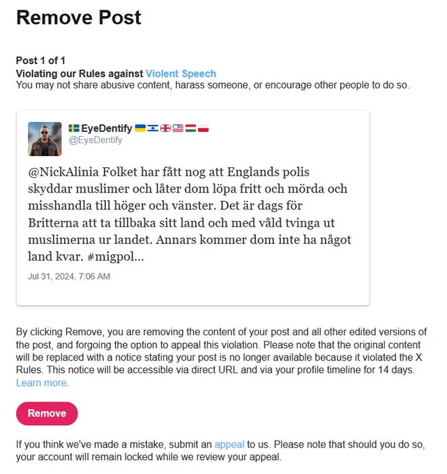 bilden visar en screenshot på påstod X post regel brott.
