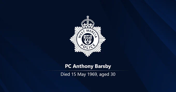 White West Mercia Police crest on a dark background with the name PC Anthony Barsby and the words: Died 15 May 1969, aged 30