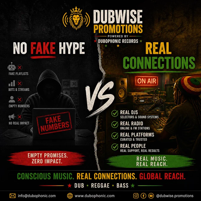  Get Your Music Played by Real Dub DJs & Radio Shows

At Dubophonic Records, we’ve spent years promoting dub and reggae music through our global network of DJs, radio shows and niche platforms.

We now offer this network as a dedicated promotion service for artists and labels who want real exposure within the reggae & dub scene.

No bots. No fake playlists.
Just real people supporting real music.
🎧 WHAT YOU GET

    Direct promotion to DJs, radio shows & selectors
    Targeted outreach within the dub/reggae/dubwise/bass ecosystem
    Playlist & niche platform submissions
    Social media support
    Airplay & DJ feedback report 

🌍 OUR NETWORK

    300  active DJs and radio selectors
    Coverage across UK, France, Germany, USA & beyond
    Strong presence in reggae, dub, dubwise & bass culture 

Send your release or request details:
📧 info@dubophonic.com