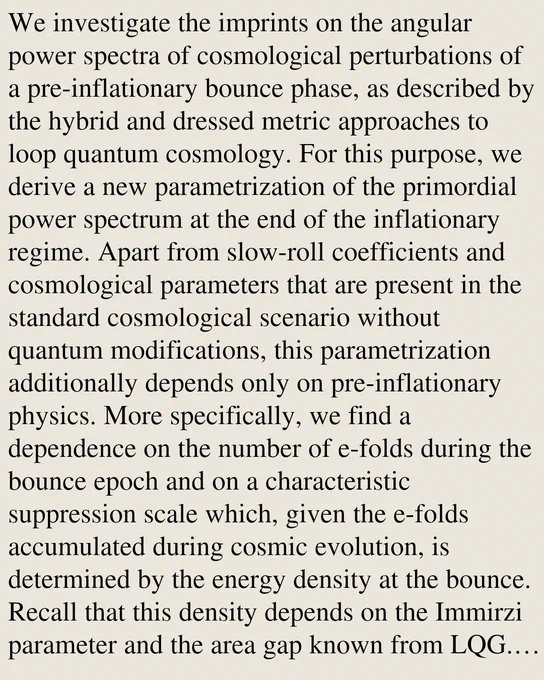 We investigate the imprints on the angular power spectra of cosmological perturbations of a pre-inflationary bounce phase, as described by the hybrid and dressed metric approaches to loop quantum cosmology. For this purpose, we derive a new parametrization of the primordial power spectrum at the end of the inflationary regime. Apart from slow-roll coefficients and cosmological parameters that are present in the standard cosmological scenario without quantum modifications, this parametrization additionally depends only on pre-inflationary physics. More specifically, we find a dependence on the number of e-folds during the bounce epoch and on a characteristic suppression scale which, given the e-folds accumulated during cosmic evolution, is determined by the energy density at the bounce. Recall that this density depends on the Immirzi parameter and the area gap known from LQG. This leads to a robust and accurate parametrization of the primordial power spectrum. Since in pre-inflationary 
