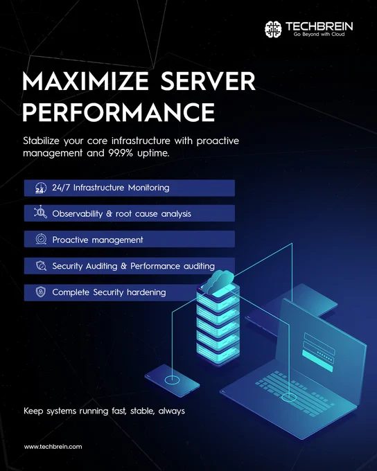 Downtime isn’t just technical - it directly impacts business performance.

With 24/7 Infrastructure Monitoring, Observability, and Proactive Management, TechBrein helps ensure your systems remain stable,
secure, and always performing at peak efficiency with 99.9% Uptime.

From root cause analysis to security and performance auditing, TechBrein helps optimize every layer of your infrastructure
for reliability and resilience.

Build a high-performing, always-on environment that supports uninterrupted business operations and growth.

Keep your infrastructure stable, secure, and always performing:
https://techbrein.com/services/managed-cloud-services

#CloudInfrastructure #ManagedServices #ITOperations #ServerManagement #PerformanceOptimization