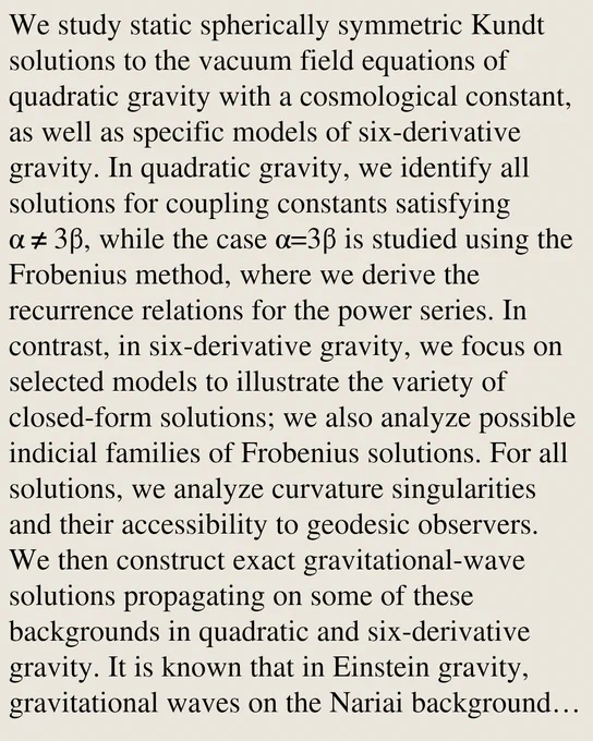 We study static spherically symmetric Kundt solutions to the vacuum field equations of quadratic gravity with a cosmological constant, as well as specific models of six-derivative gravity. In quadratic gravity, we identify all solutions for coupling constants satisfying α≠3β, while the case α=3β is studied using the Frobenius method, where we derive the recurrence relations for the power series. In contrast, in six-derivative gravity, we focus on selected models to illustrate the variety of closed-form solutions; we also analyze possible indicial families of Frobenius solutions. For all solutions, we analyze curvature singularities and their accessibility to geodesic observers. We then construct exact gravitational-wave solutions propagating on some of these backgrounds in quadratic and six-derivative gravity. It is known that in Einstein gravity, gravitational waves on the Nariai background unavoidably contain singularities, which are interpreted as physical sources generating these g