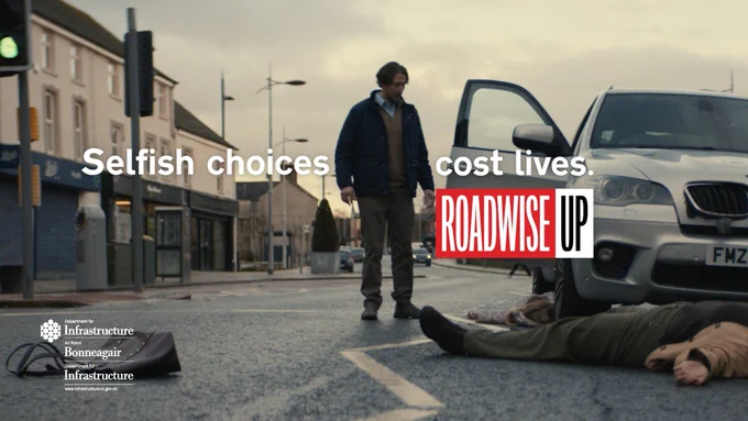 Image of crash scene with strapline Selfish Choices Cost Lives