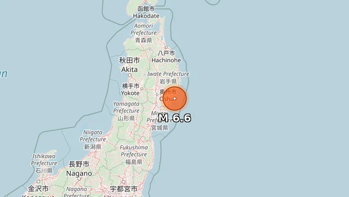 Map showing epicenter of M 6.6 earthquake in 8 km ESE of Ōfunato, Japan, depth 63 km.