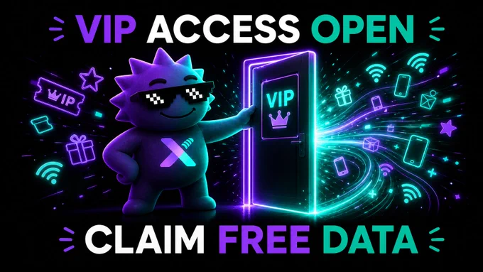 XPINNetwork mascot opening a glowing VIP access gate while streams of mobile data symbols and reward sparks flow outward, signaling VIP access and free data claims are live.