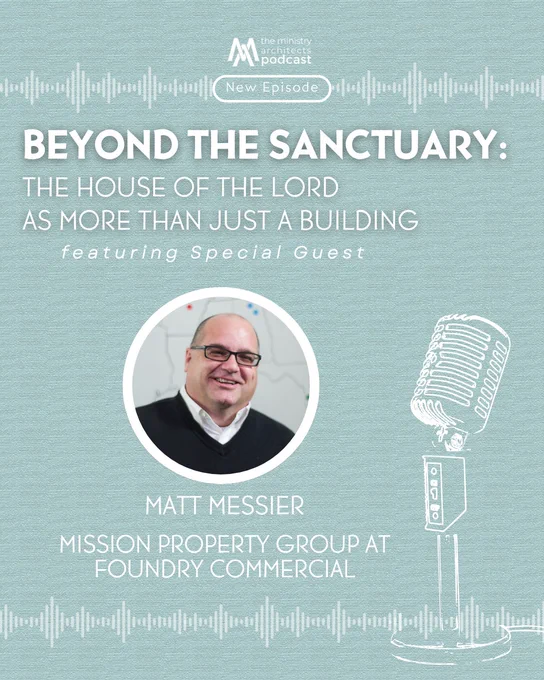 Promotional image for a podcast episode titled 'Beyond The Sanctuary' featuring a special guest, with a theme of church properties.