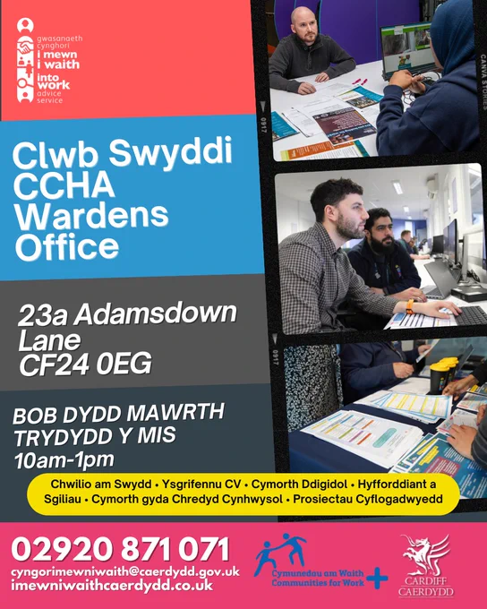 Poster yn dangos manylion am clwb swyddi misol yn Wardens Office, Adamsdown.