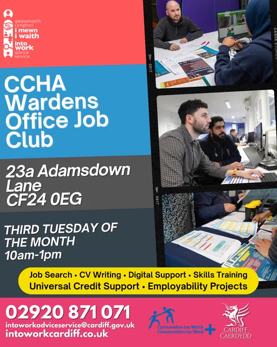 A poster showing information about a monthly job club in Wardens Office, Adamsdown.