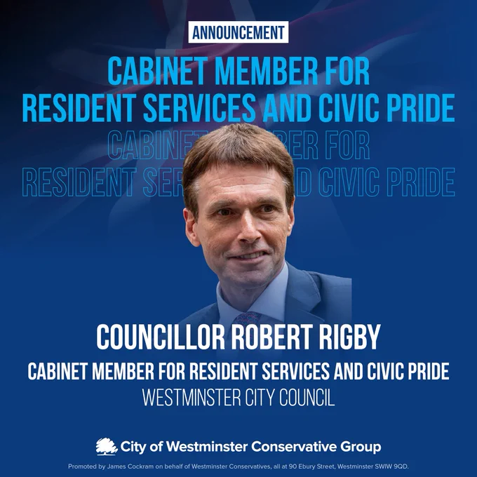 Photo of Cllr Robert Rigby, Cabinet Member for Resident Services and Civic Pride on a blue background