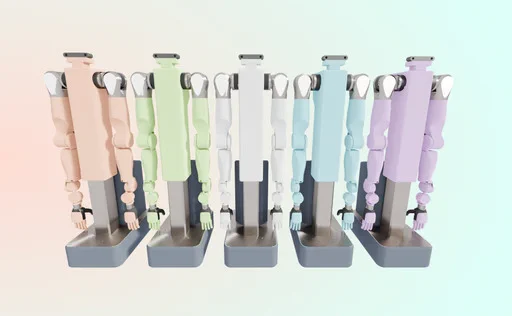 A row of five humanoid robots, each with a different pastel-colored body, standing upright on individual platforms. Their arms are positioned downward, and each robot features metallic joints and headplates. The background is a soft gradient of pink and blue tones.