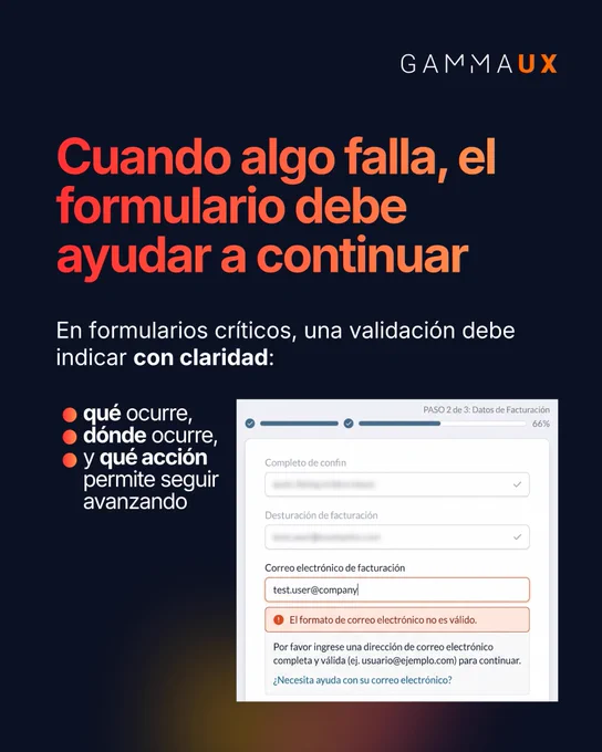 Cuando algo falla, el formulario debe ayudar a continuar. Debe indicar con claridad qué ocurre, dónde ocurre y qué acción permite seguir avanzando.