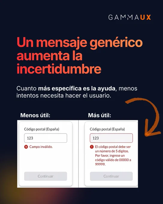 Un mensaje genérico aumenta la incertidumbre. Cuanto más específica es la ayuda, menos intentos necesita hacer el usuario.