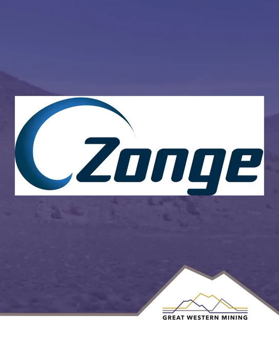 A logo with the word "Zonge" in bold, blue letters is displayed on a mountainous background. At the bottom, there is a "Great Western Mining" logo featuring stylized mountains.