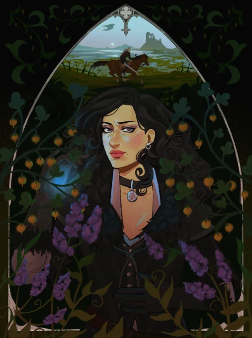 Digital painting of Yennefer of Vengerberg framed within an ornate arch. She faces the viewer with her right hand raised. A blue glow shines from her palm. In the background, a smaller scene shows Geralt of Rivia riding a horse with his sword drawn.