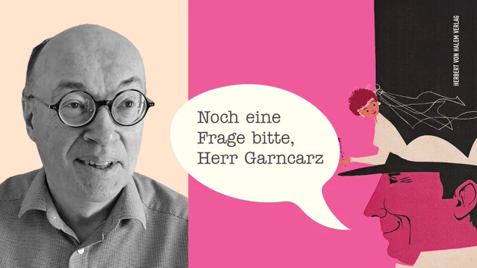 Ein älterer Mann mit Brille und ein stilisiertes Bild eines Paares in einer Sprechblase.