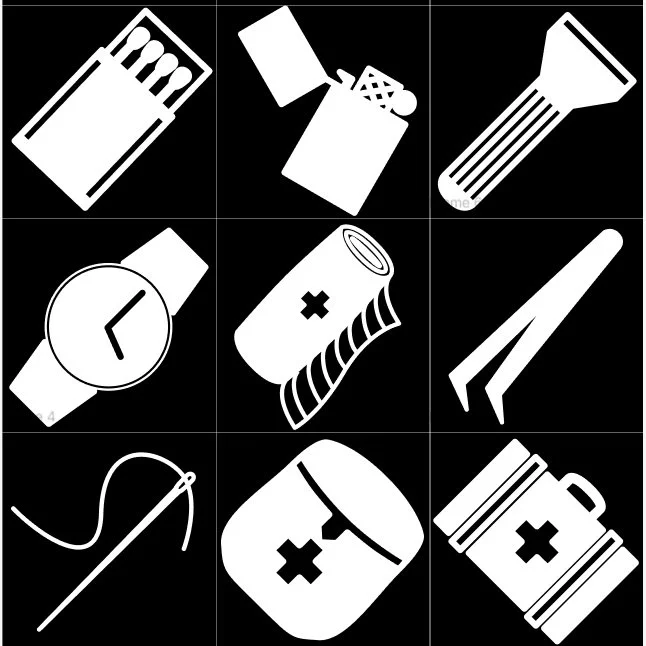A grid of monochrome inventory icons designed for a retro-styled survival game interface. The icons represent utility and medical equipment, including matches, a lighter, a flashlight, a wristwatch, a bandage roll, tweezers, a sewing needle, a medical pouch, and a first aid kit. The icons are displayed on a black background with thin grid lines.