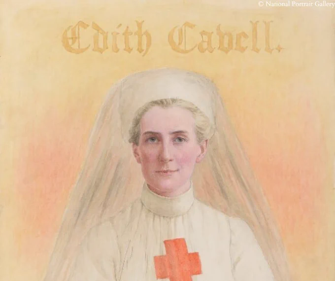 Watercolor portrait of Edith Cavell wearing a white uniform with a red cross emblem. She has a serene expression and a veil draped over her head. The background is a soft, warm gradient with the name "Edith Cavell" written in gold lettering at the top.