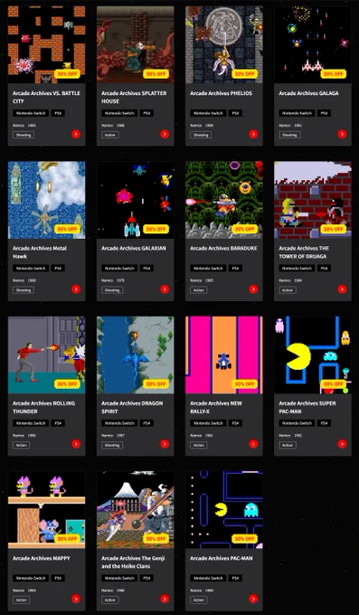 A stitched-together screenshot of Hamster's Arcade Archives website, showing the 15 Namco games on sale at 30% off until May 27th.

Vs. Battle City (1985)
Splatterhouse (1988)
Phelios (1989)
Galaga (1981)
Metal Hawk (1988)
Galaxian (1979)
Baraduke (1985)
The Tower of Druaga (1984)
Rolling Thunder (1986)
Dragon Spirit (1987)
New Rally-X (1981)
Super Pac-Man (1982)
Mappy (1983)
The Genji & The Heike Clans (1986)
Pac-Man (1980)