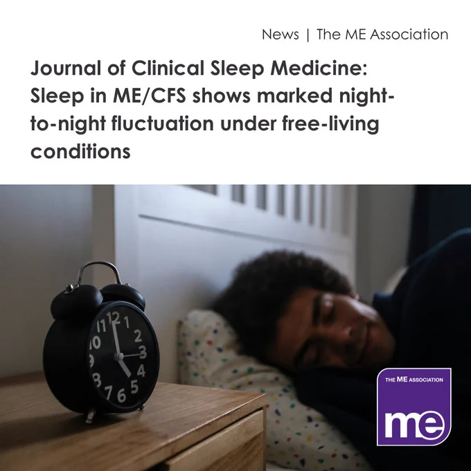 IMAGE DESCRIPTION: Photo of a person sleeping in a dark room, next to an alarm clock. Heading - Journal of Clinical Sleep Medicine: Sleep in ME/CFS shows marked night-to-night fluctuation under free-living conditions—results from a matched case-control study