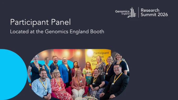 Group photo of some members of the Participant Panel at the Genomics England booth during the 2025 Research Summit.