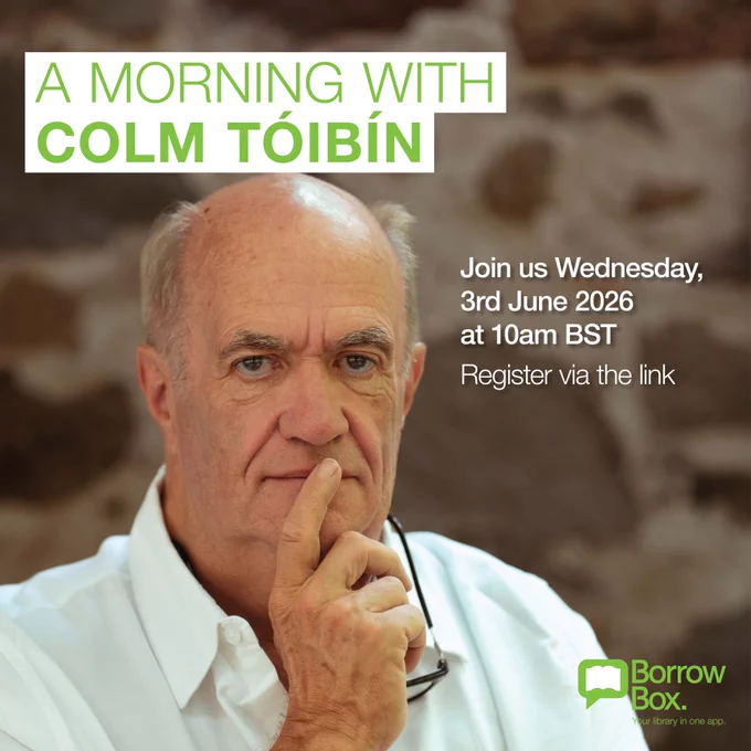poster promoting an online event 'a morning with colm toibin' on 3rd june 2026 starting at 10am 