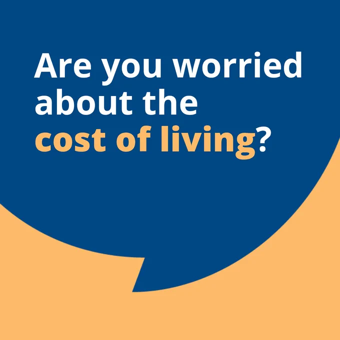 Large dark blue speech bubble on a mustard background with bold text reading: ‘Are you worried about the cost of living?’ The words ‘cost of living’ are highlighted in yellow.