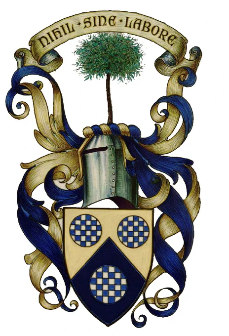 Blazon:  Per chevron Or and Azure three roundels chequy two and one those in chief of the Second and Argent that in base of the Last and of the Second.