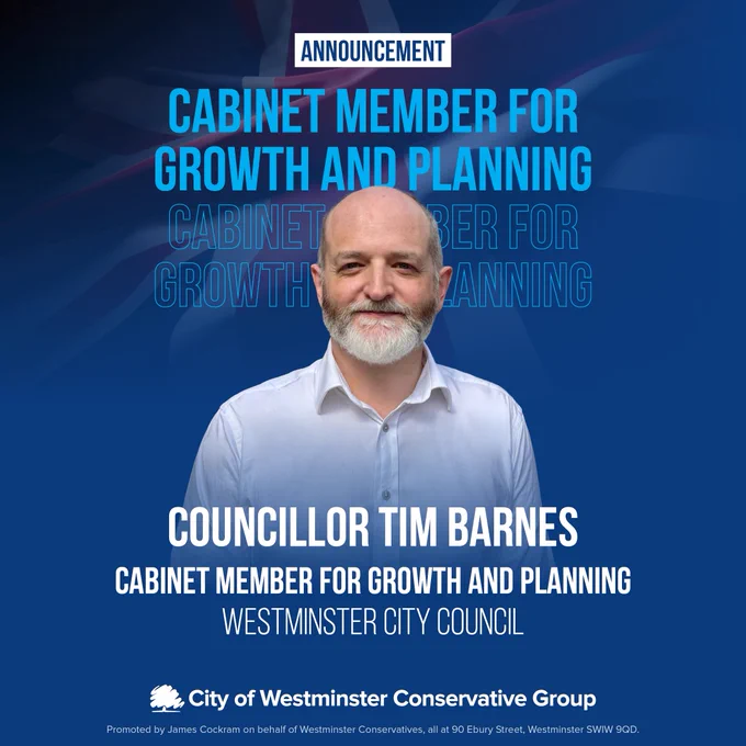 Cllr Tim Barnes, new Cabinet Member for Growth and Planning at Westminster City Council on blue background
