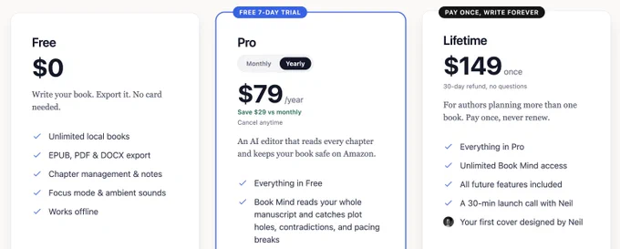https://makeebook.ink/start
Free - $0
Pro Monthly - $9
Pro Yearly - $79
Lifetime - $149   first book cover designed.