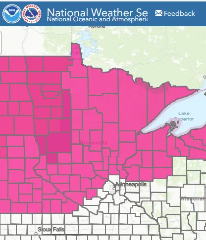 Screenshot from National Weather Service showing 54 counties highlighted in pink with red flag warnings in effect May 15
