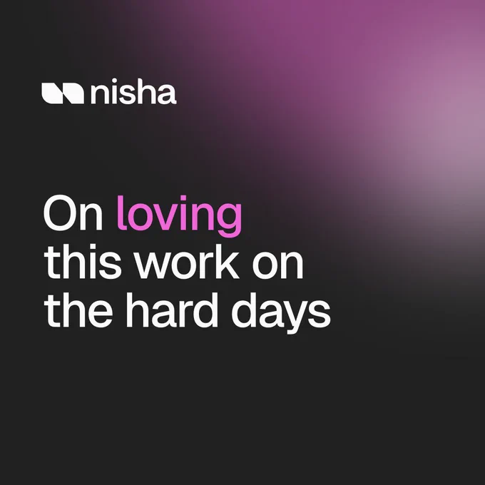Text discusses love for work even during challenging times, presented with a modern, stylish design featuring a gradient background.