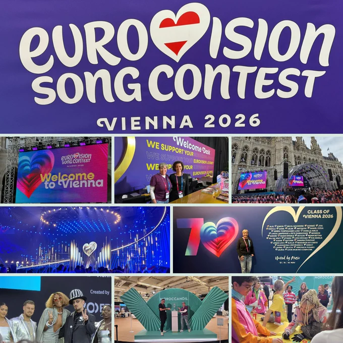 A collage of images related to the Eurovision Song Contest Vienna 2026. At the top is a large purple sign reading “Eurovision Song Contest Vienna 2026” with the Eurovision heart logo. Smaller images below show colourful welcome signs, event stages with bright lighting, staff at welcome desks, outdoor fan zones in front of Vienna’s city hall, and behind-the-scenes moments with event attendees and performers. One image shows a Congrex team member posing in front of Eurovision branding, while another captures guests interacting at a sponsor activation area. The overall mood is vibrant, energetic and celebratory.