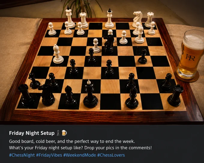 Friday Night Setup ♟️🍺
A great board, a cold beer, and the perfect way to end the week.
What does your Friday night setup look like? Share your pics too!
#Chessight #Fridayibes #Weekendmode #Chesslovers #Chessbazaar #Chess
