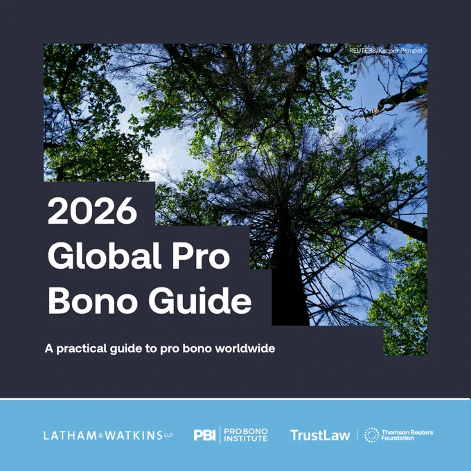 A tile showing an abstract image of trees with the accompanying text: '2026 Global Pro Bono Guide. A practical guide to pro bono worldwide.' The three partner logos are also displayed.