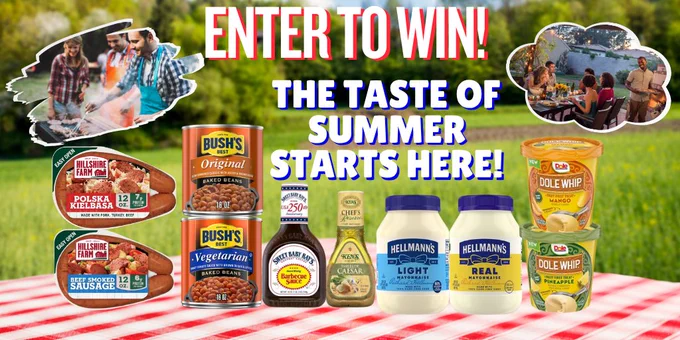 A colorful summer-themed advertisement with a picnic tablecloth background. It features Hillshire Farm sausage, Bush's Best beans, Sweet Baby Ray's barbecue sauce, Ken's dressings, Hellmann's mayonnaise, and Dole Whip pineapple. Text reads "The Taste of Summer Starts Here! Enter to Win!" and "Learn More." A thought bubble image shows people enjoying an outdoor meal.