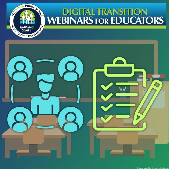 Graphic advertising NCVirtual Public School's Digital Transition Webinars for Educators, featuring icons of connected users and a checklist with a pencil over a classroom setting.