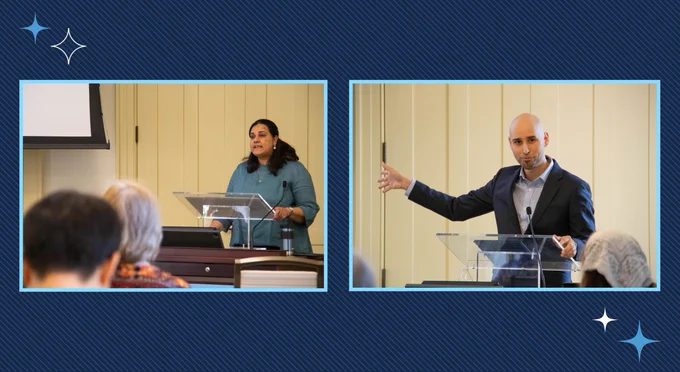 Two side-by-side photos of Shakirah Hudani and Hugo Méndez separately lecturing at a podium at the front of Hyde Hall's University Room.