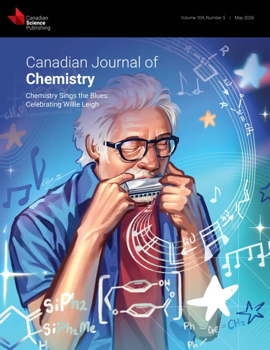 Illustration of a man playing harmonica surrounded by musical notes and chemical formulas on a blue background. Cover for the Canadian Journal of Chemistry.