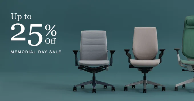 Three Steelcase office chairs in gray and green shades displayed against a teal background with a Memorial Day sale offering up to 25% off.