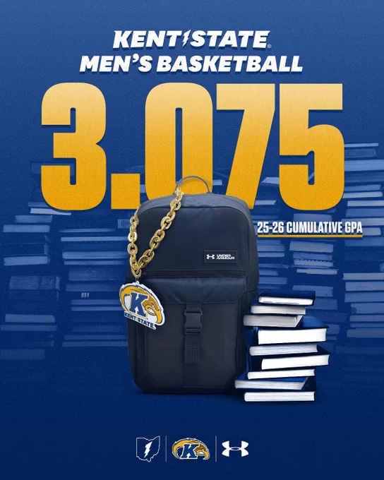 Kent State Men's Basketball graphic displaying a 3.075 cumulative GPA for 2025-2026. Features a blue Under Armour backpack with a large Kent logo medallion, stacked books, and logos for Kent State, the MAC, and Under Armour.