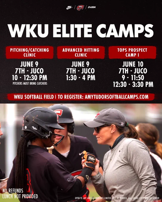 WKU Elite Camps:

Pitching/Catching: June 9, 7th-JUCO, 10-12:30, pitchers must bring catchers.

Advanced Hitting Clinic: June 9, 7th-JUCO, 1:30-4.

Tops Prospect Camp: June 10, 7th-JUCO, 9-11:50, 12:30-3:30.