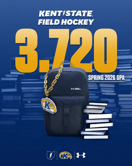 Kent State Field Hockey graphic showing a GPA of 3.720 for Spring 2026. Features a black backpack with a large gold chain and blue keychain labeled "K" alongside a stack of books. Background features blurred stacks of books and logos of Kent State and Under Armour at the bottom.
