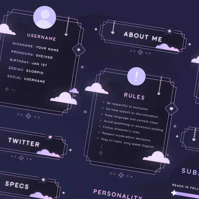 Scrapbook style twitch panels for on a twitch profile/channel where all the text is featured in a PNG/JPG instead of written as plain text on the page. (picture source: Cupidiko on Etsy)