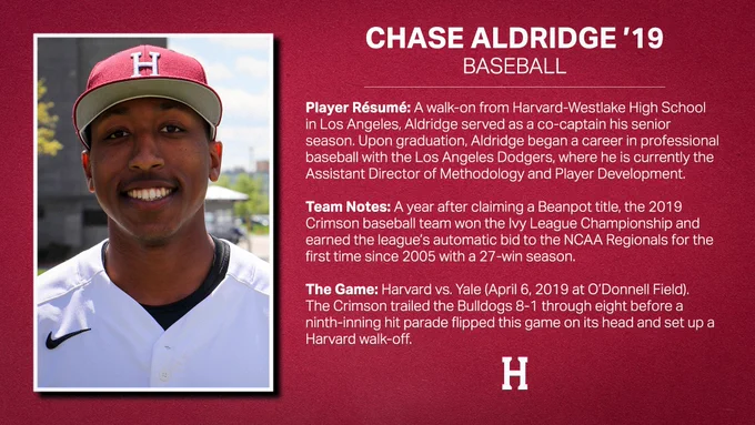  Graphic featuring Harvard headshot for Chase Aldridge plus text, including Aldridge's resume, team notes and Harvard-Yale baseball facts.